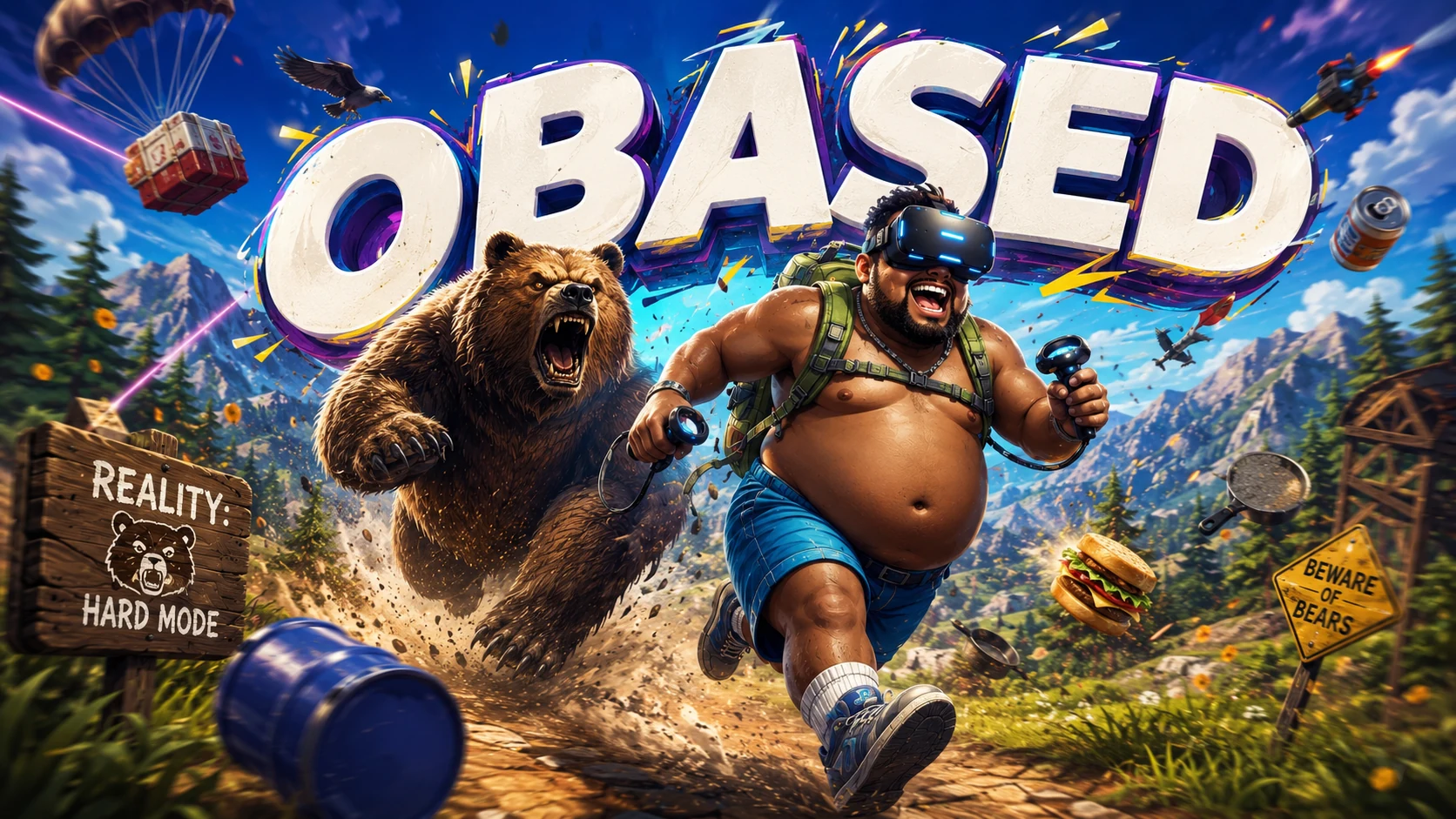 OBASED key art — a VR player outrunning a bear, from the game by Daddy MUPHASA